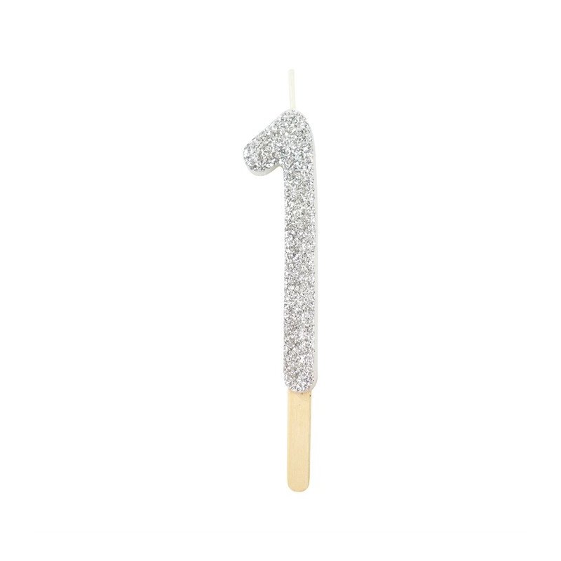 Numeryczna świeczka brokatowa - srebrna - 8cm - SW1S