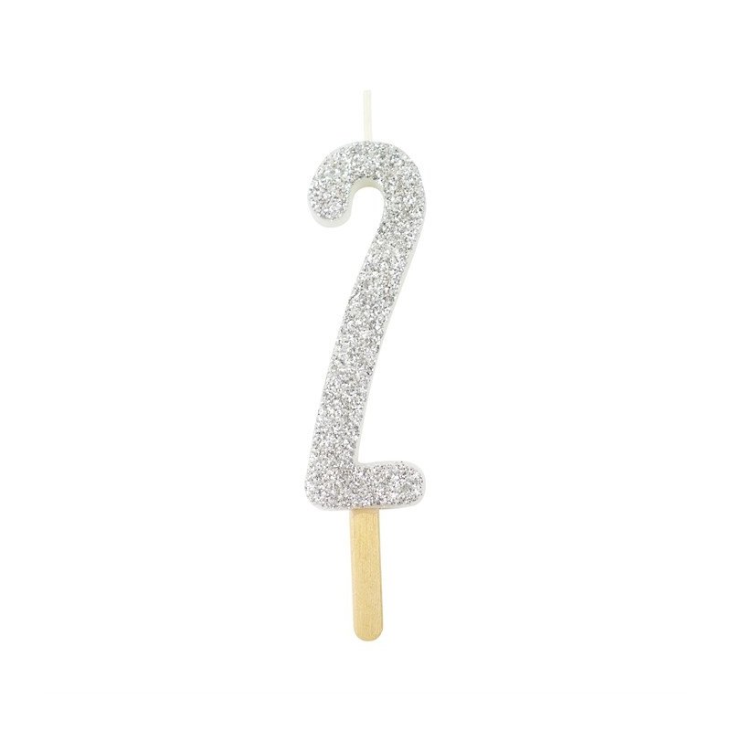 Numeryczna świeczka brokatowa - srebrna - 8cm - SW2S