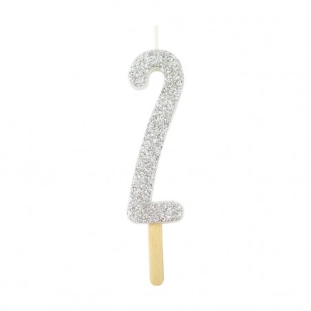 Numeryczna świeczka brokatowa - srebrna - 8cm - SW2S