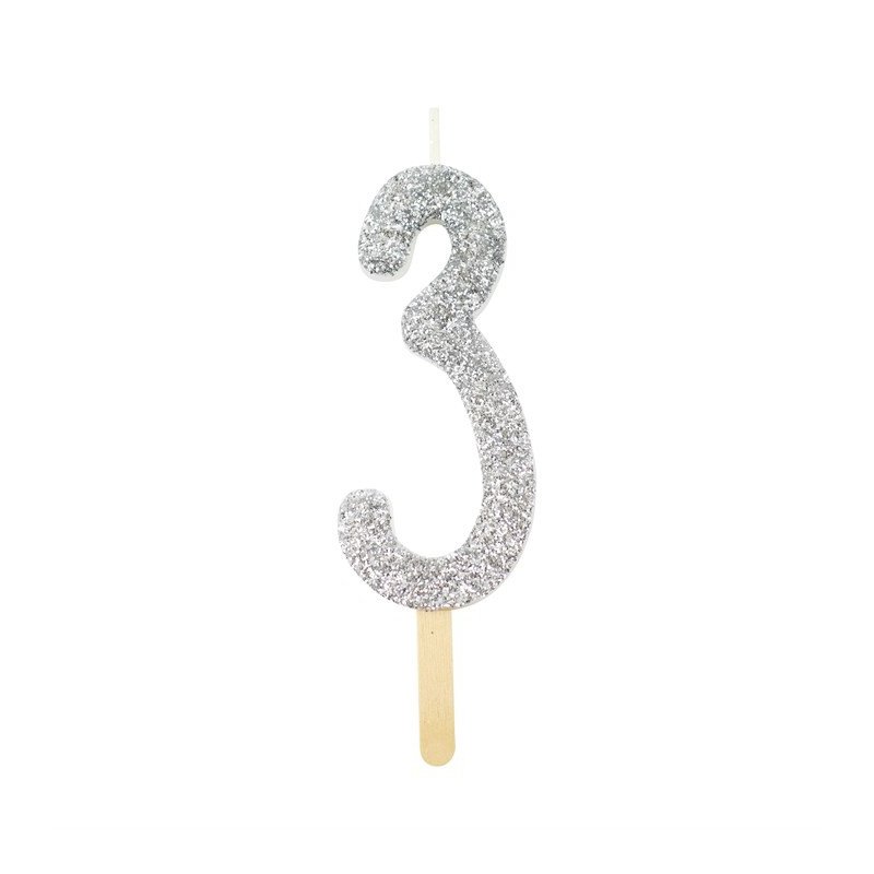 Numeryczna świeczka brokatowa - srebrna - 8cm - SW3S