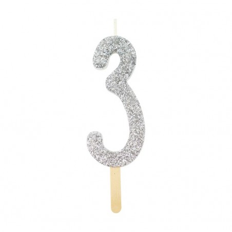 Numeryczna świeczka brokatowa - srebrna - 8cm - SW3S