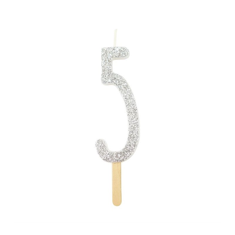 Numeryczna świeczka brokatowa - srebrna- 8cm - SW5S