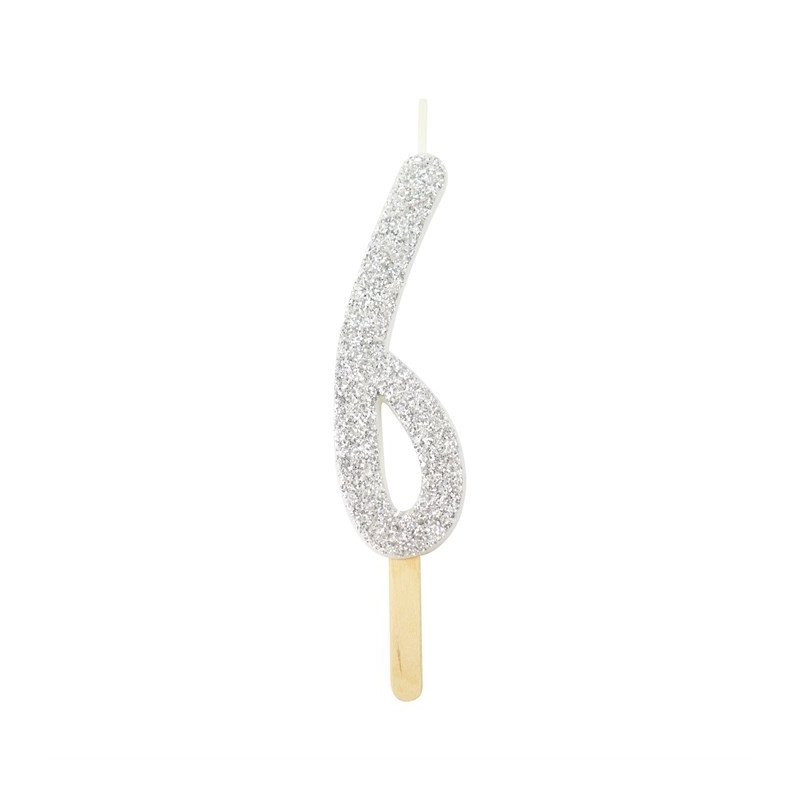 Numeryczna świeczka brokatowa - srebrna- 8cm - SW6S
