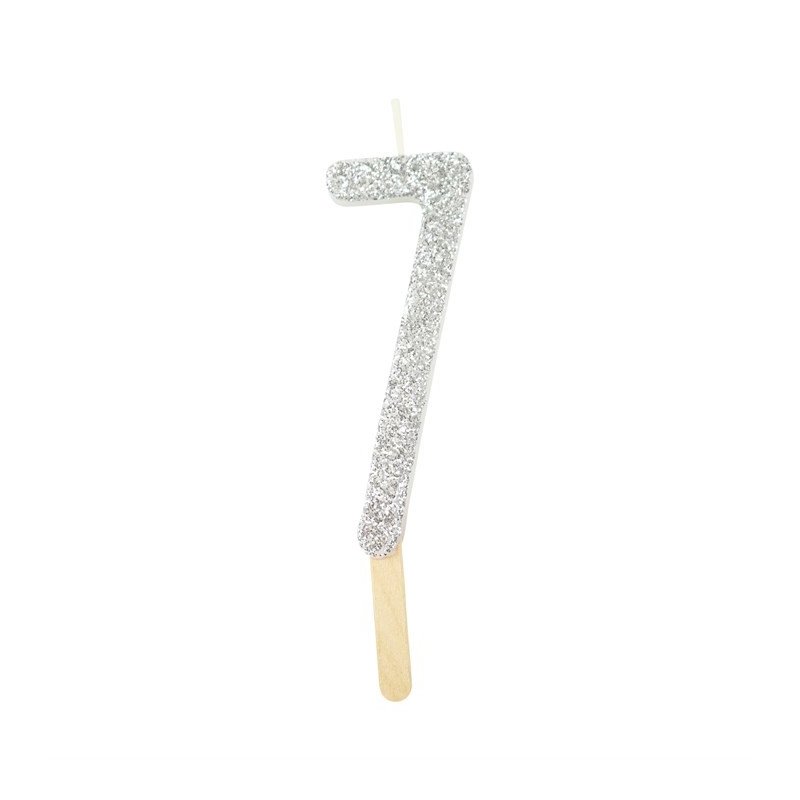 Numeryczna świeczka brokatowa - srebrna - 8cm - SW7S