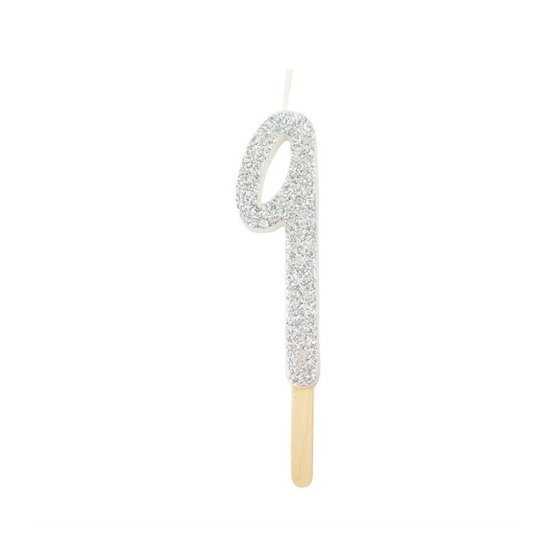 Numeryczna świeczka brokatowa - srebrna - 8cm - SW9S