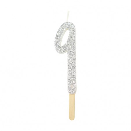 Numeryczna świeczka brokatowa - srebrna - 8cm - SW9S