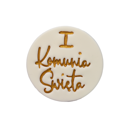 Dekoracja cukrowa tabliczka komunijna złoty napis I Komunia Święta- CUK503